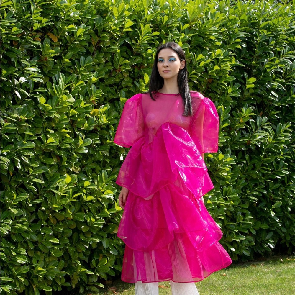 Selkie Inspired Hot Pink Couture Fairytale Organza Ruffle Maxi Gown | Size L–XL